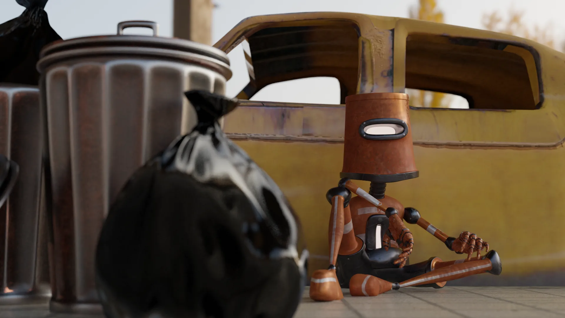 Bucket Head sitting among junk beside a dented trash can