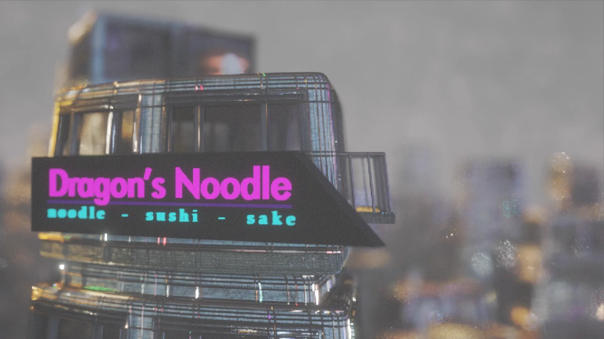 A neon noodle-bar sign on a stacked cyberpunk building