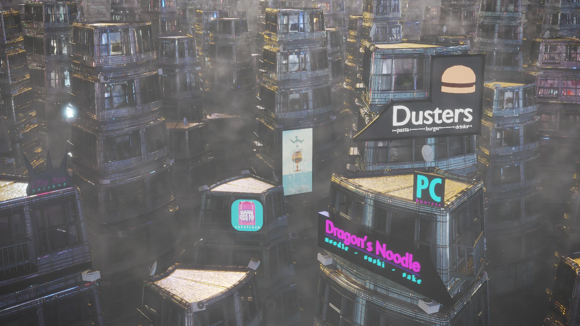 A hazy cyberpunk city of stacked towers, neon shop signs on their faces: Dusters, PC hunters, Dragon's Noodle