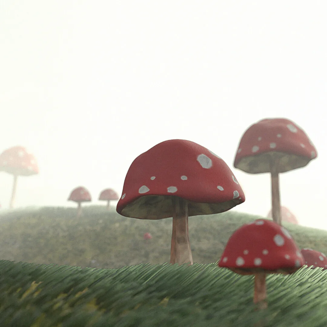 Red spotted mushrooms in fog
