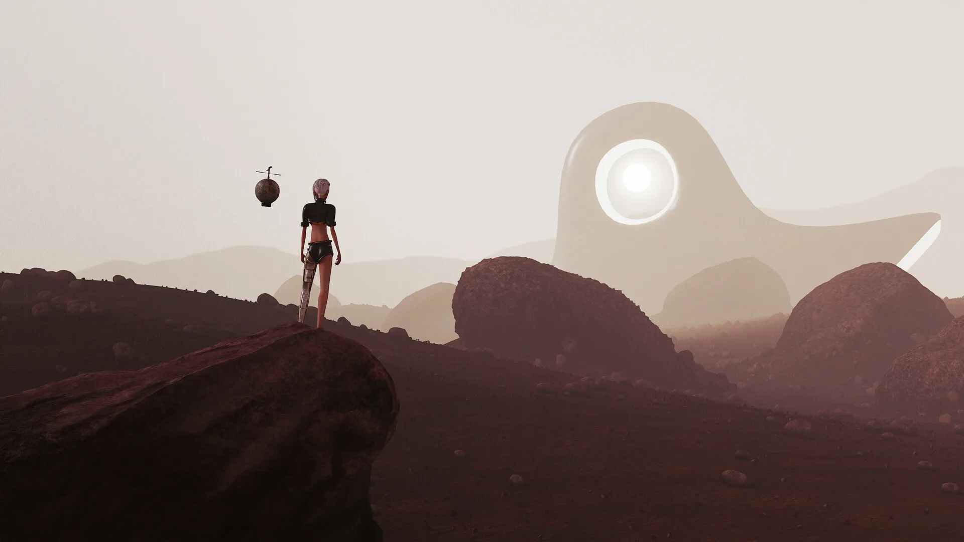 A lone figure on a ridge in a pale wasteland, a round craft on the horizon