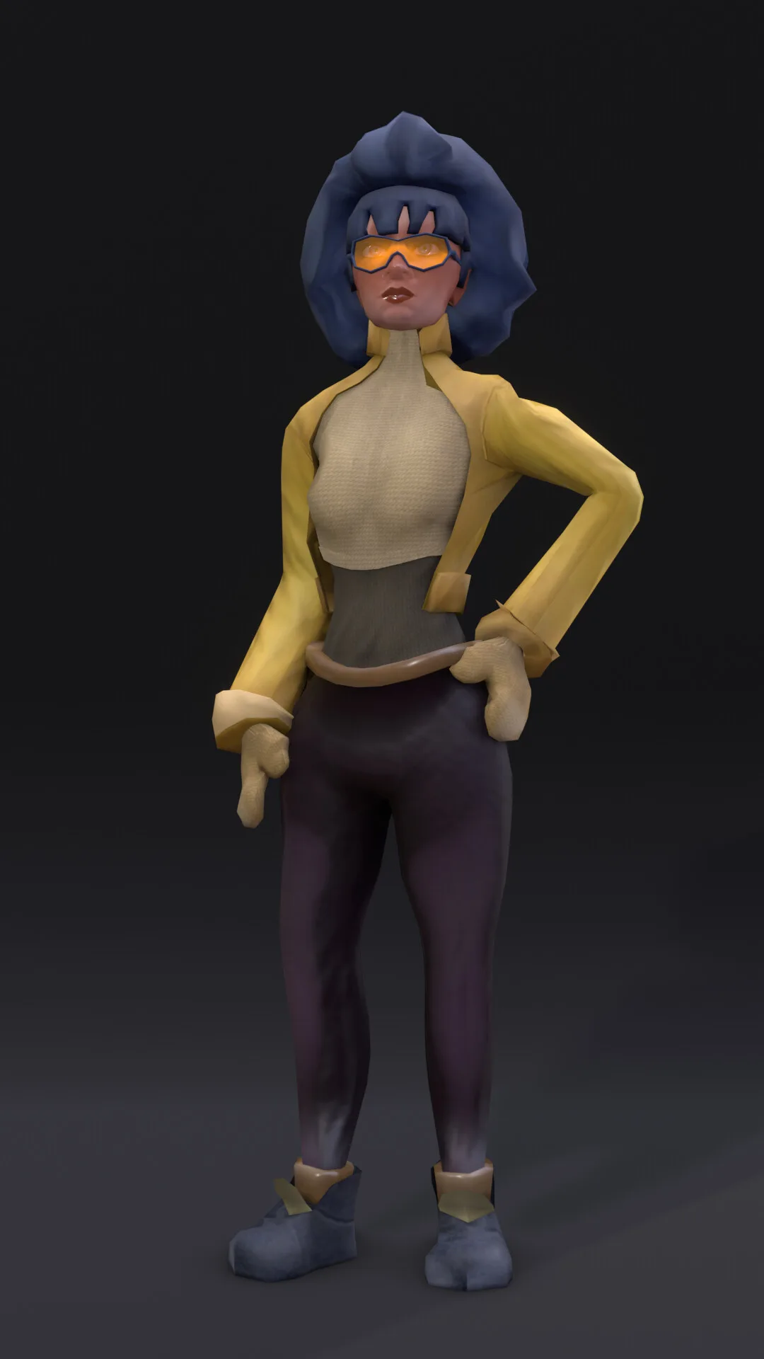 A low-poly character in a yellow winter jacket and blue hair, three-quarter view
