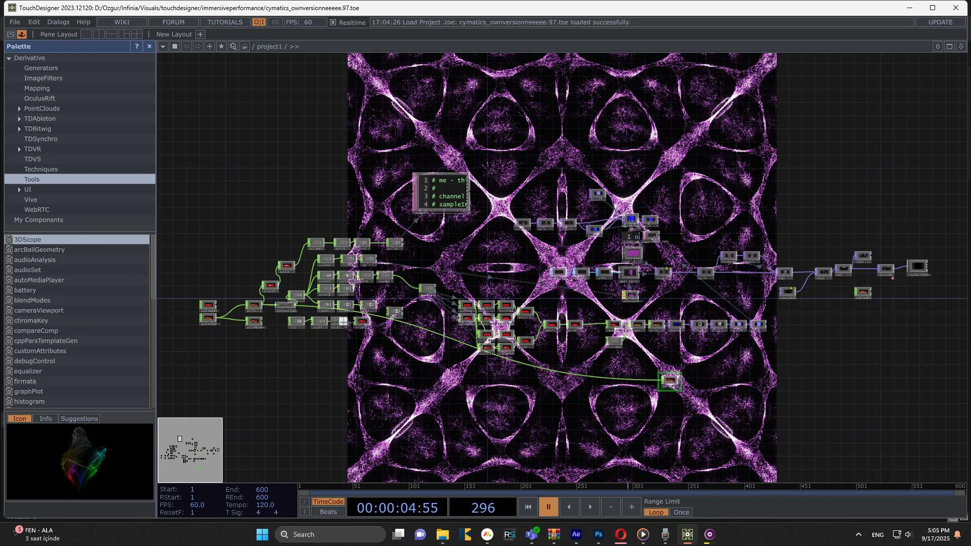The TouchDesigner network for a kaleidoscopic scene, with the full editor interface