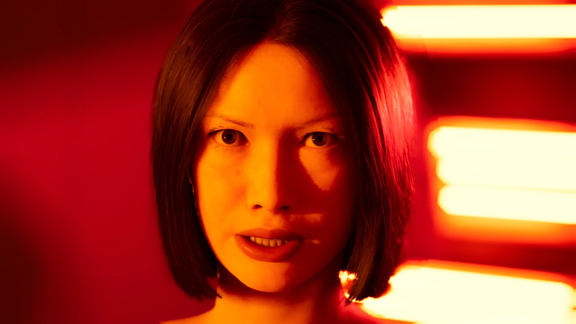 Firolauss half-turned to camera, neon tubes on the wall behind her — a 4K frame