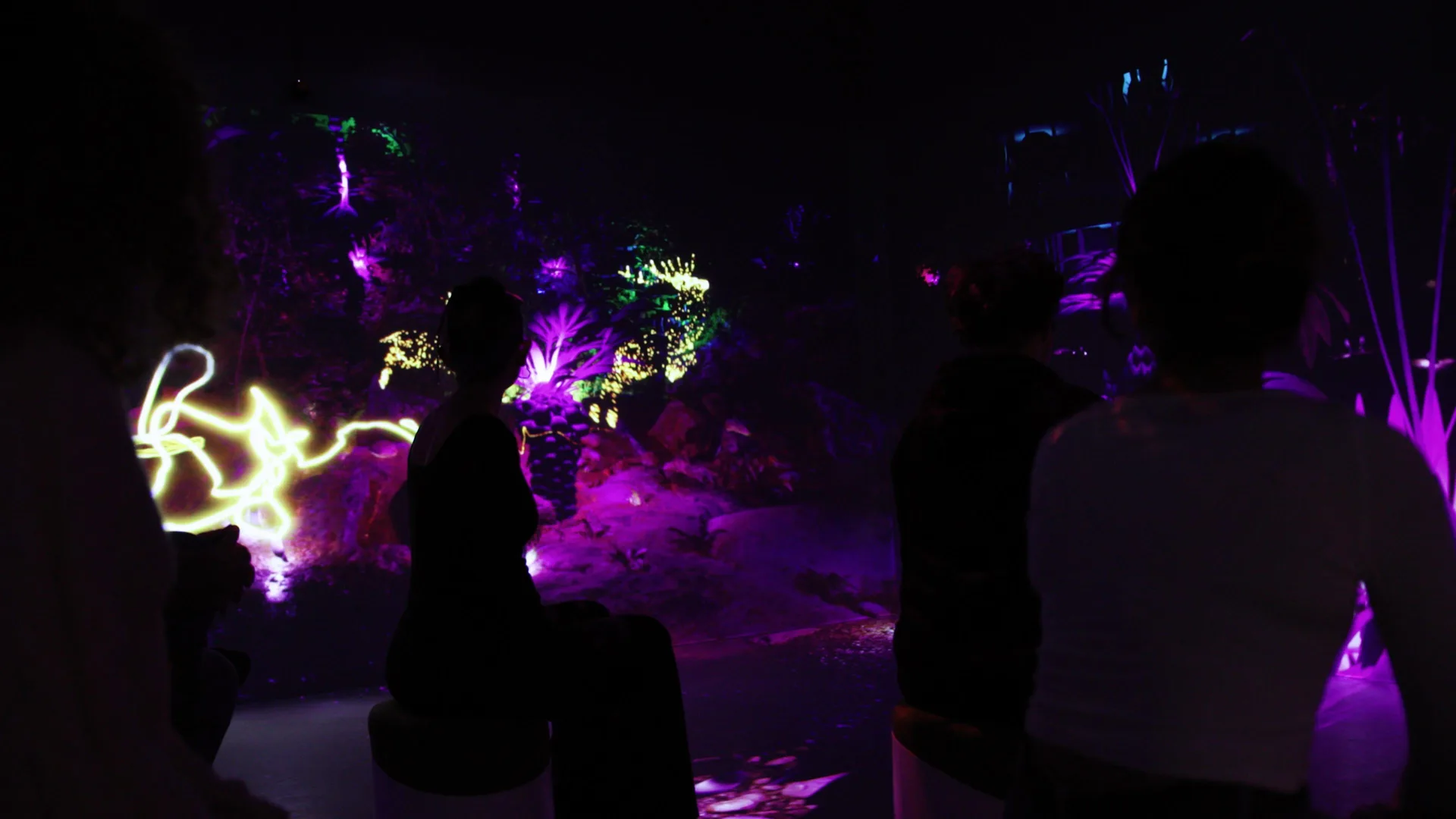 An audience in the final sequence: the forest turned magenta and violet, light streaks tracing between the trees