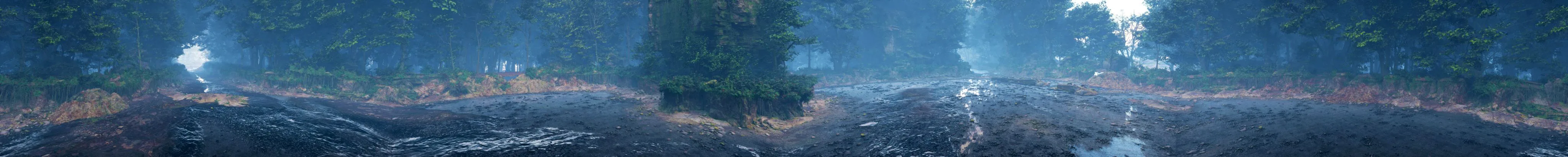 Wall panorama: mist over a shallow river between grey-blue trees