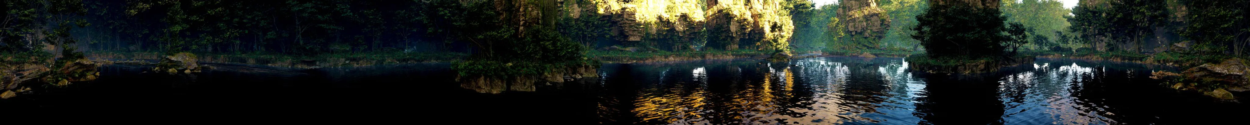 Wall panorama: a lake at golden hour, sunlit trees on the far bank reflected in the water