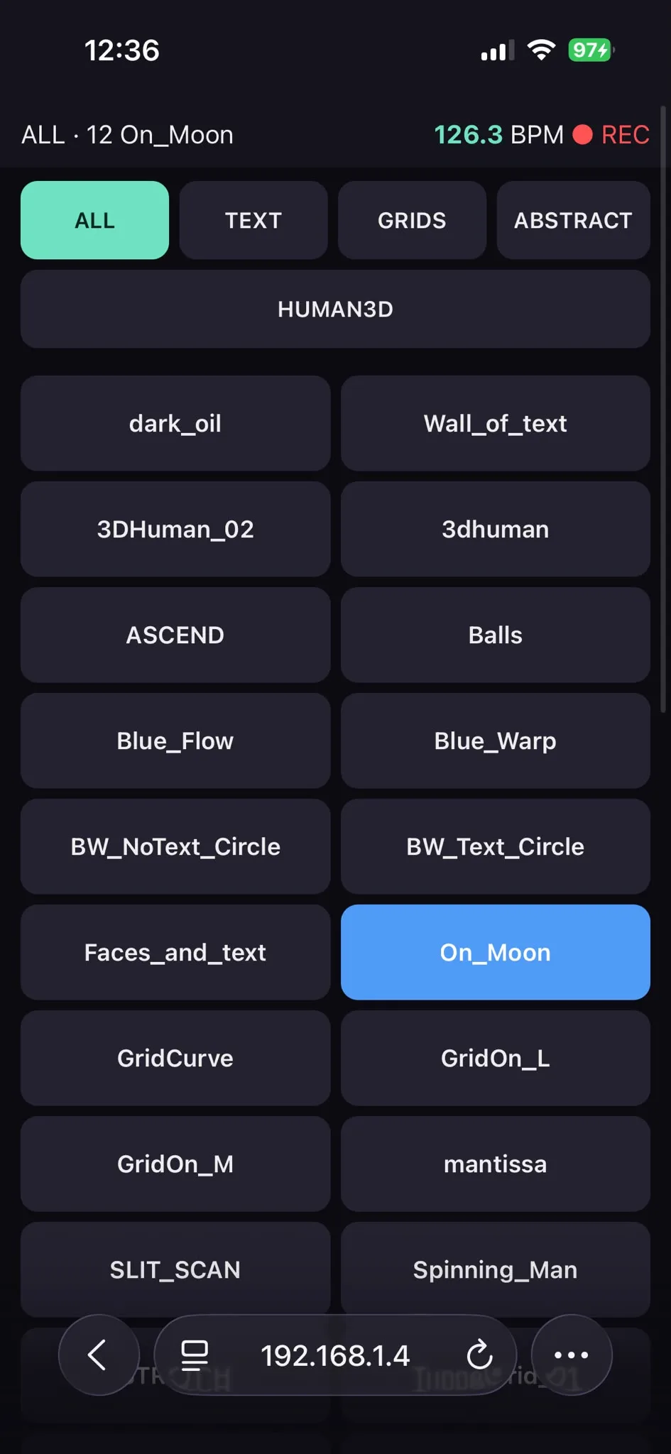 The phone remote: pools across the top, the scene grid below, On_Moon selected, 126 BPM in the status line