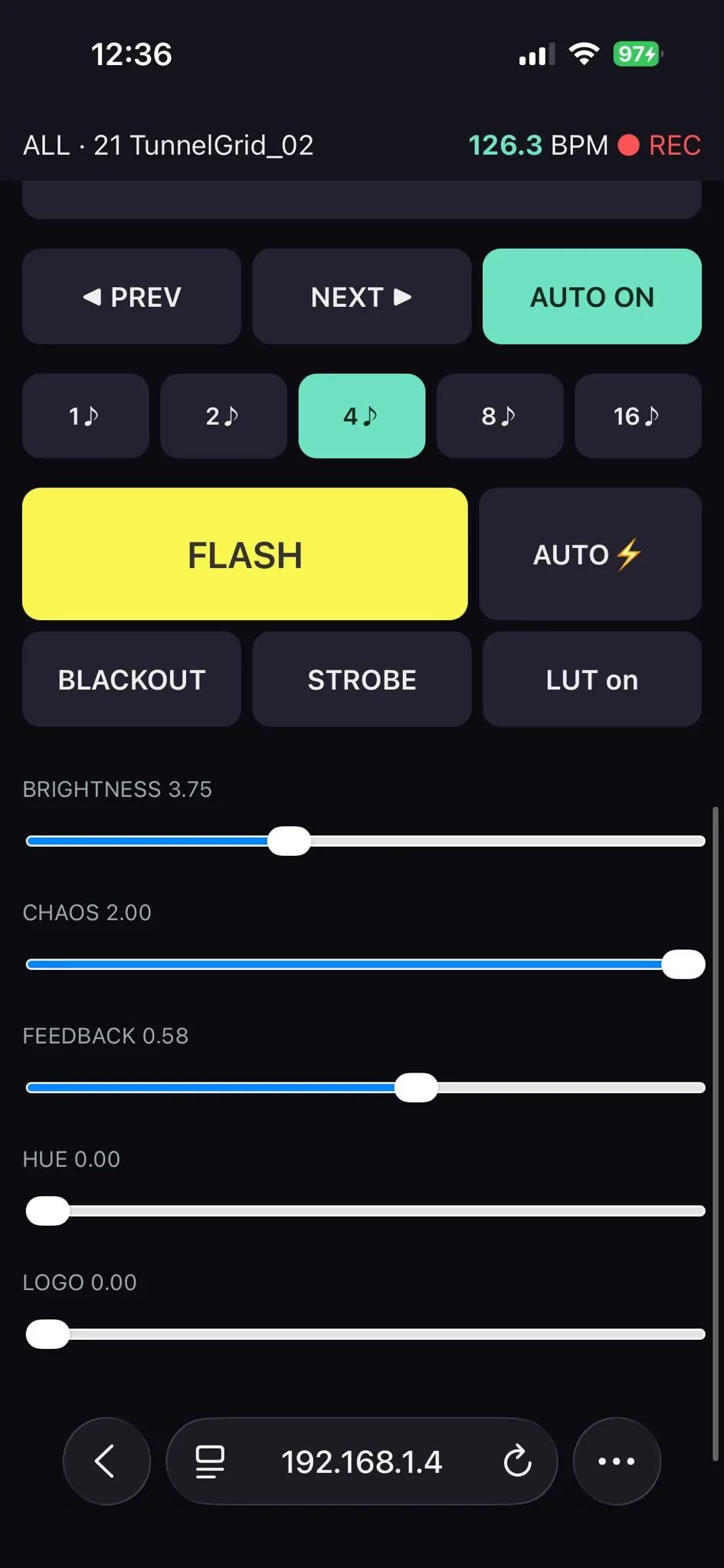 The phone remote: prev, next and autopilot, beats per cut, flash, blackout, strobe, LUT, and sliders for brightness, chaos, feedback, hue and logo