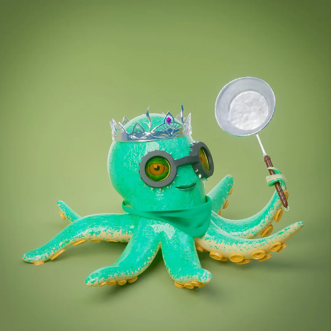 A teal octopus with a headlamp holding a magnifying glass, against green