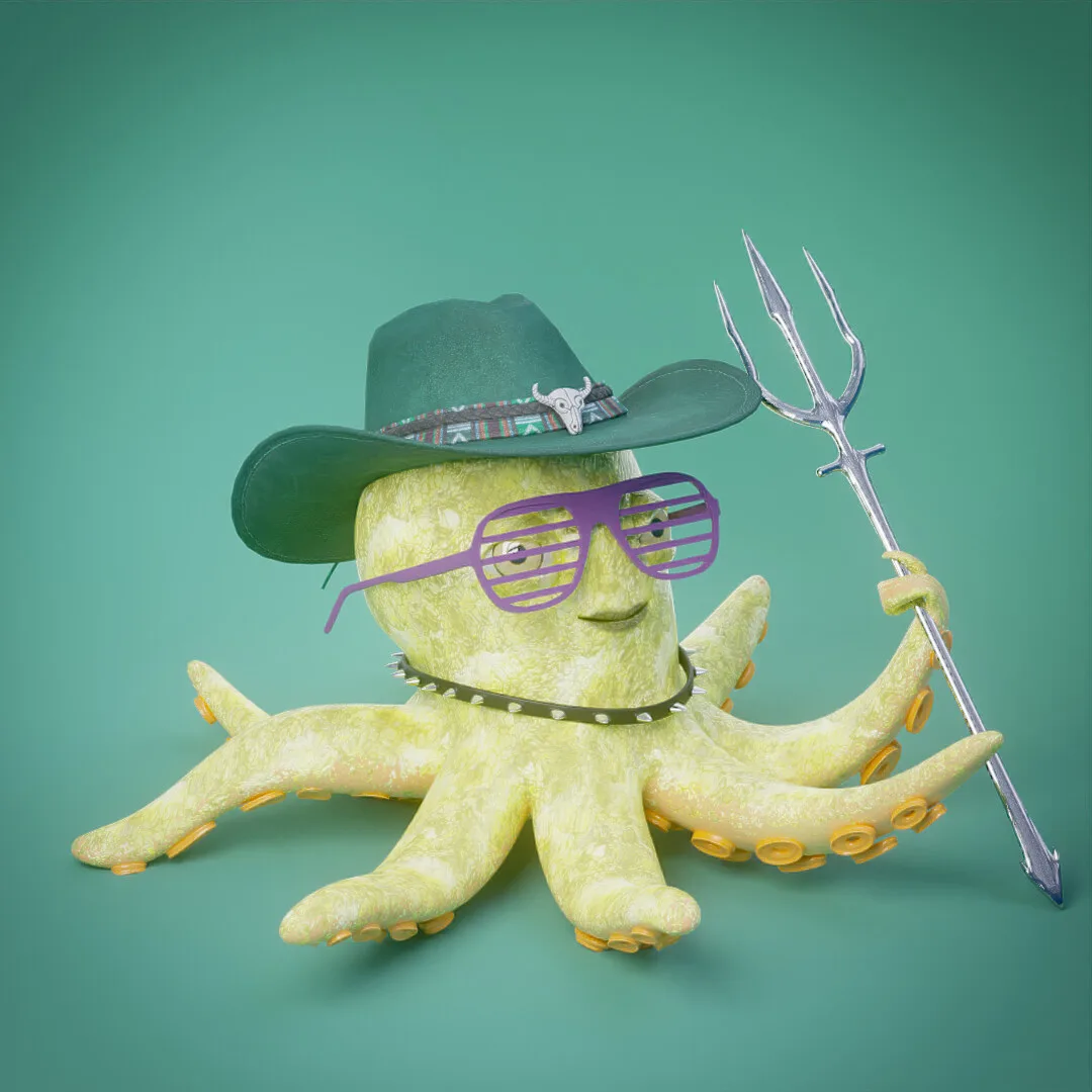 A yellow octopus in a cowboy hat and sunglasses holding a fork, against teal