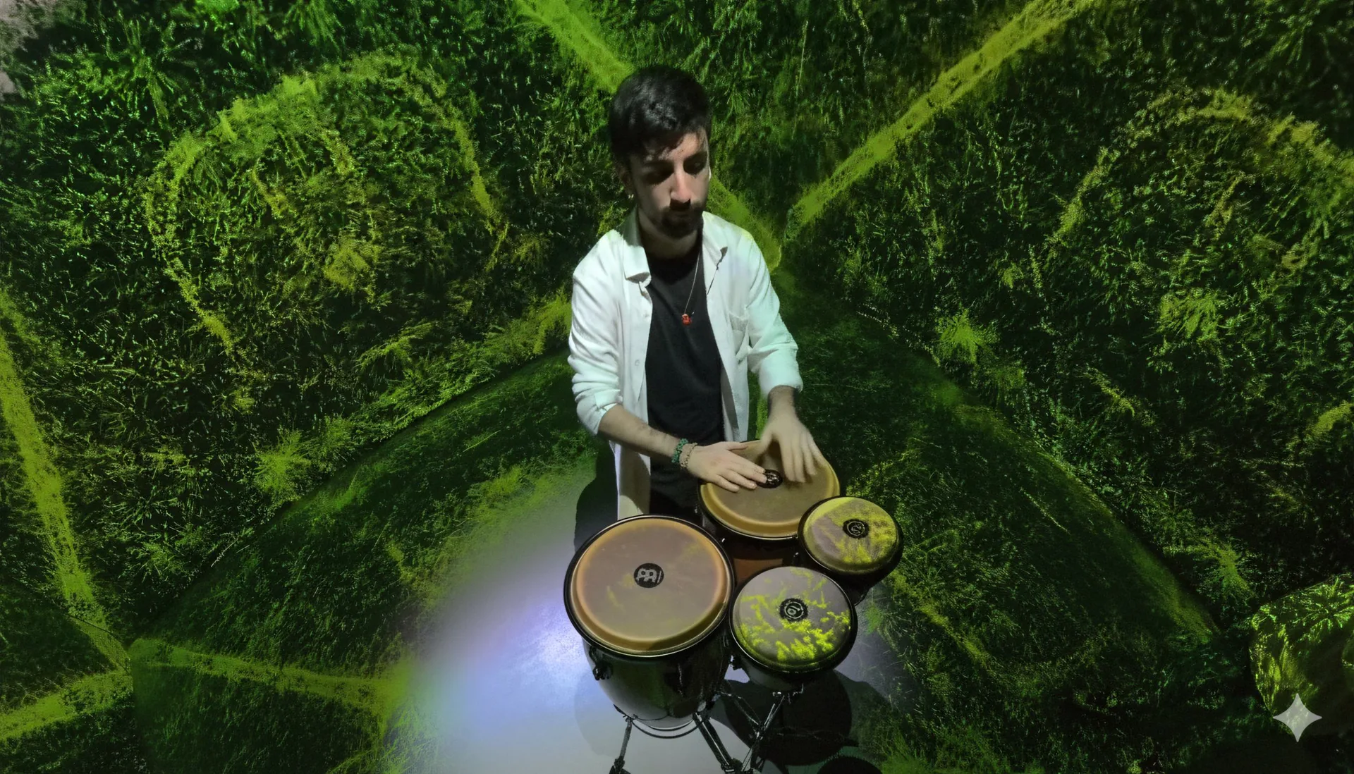 A percussionist at a pair of congas, a green cymatic pattern projected across the walls and floor around him