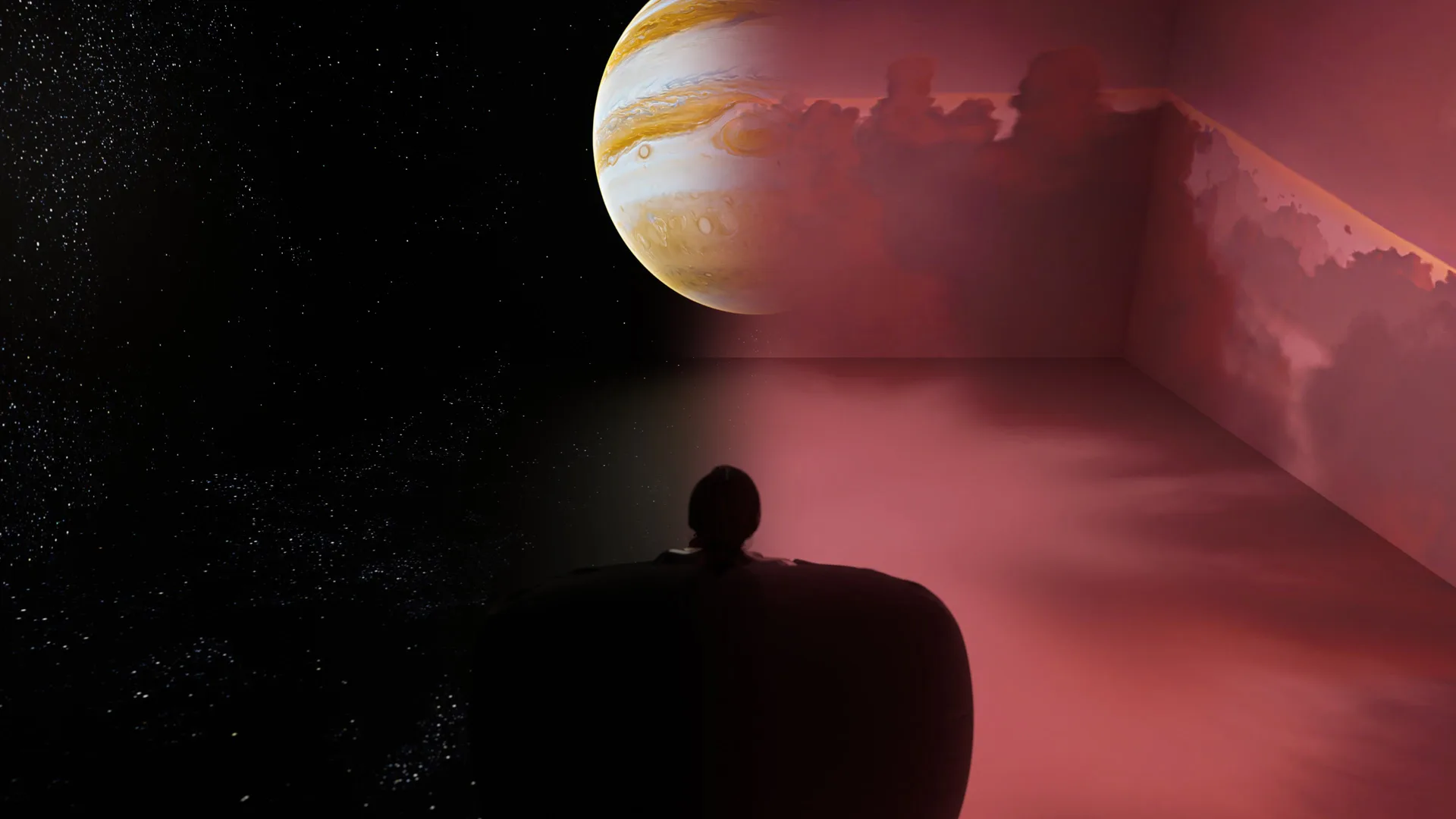 Jupiter in the room: the banded globe above a pink cloud floor