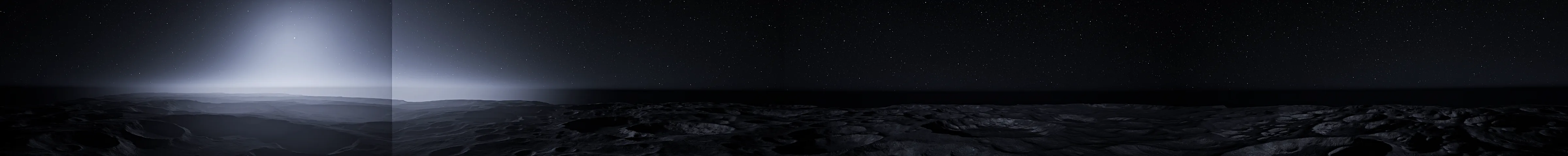 Mercury surface panorama: a cratered grey plain with the Sun's glare on the horizon